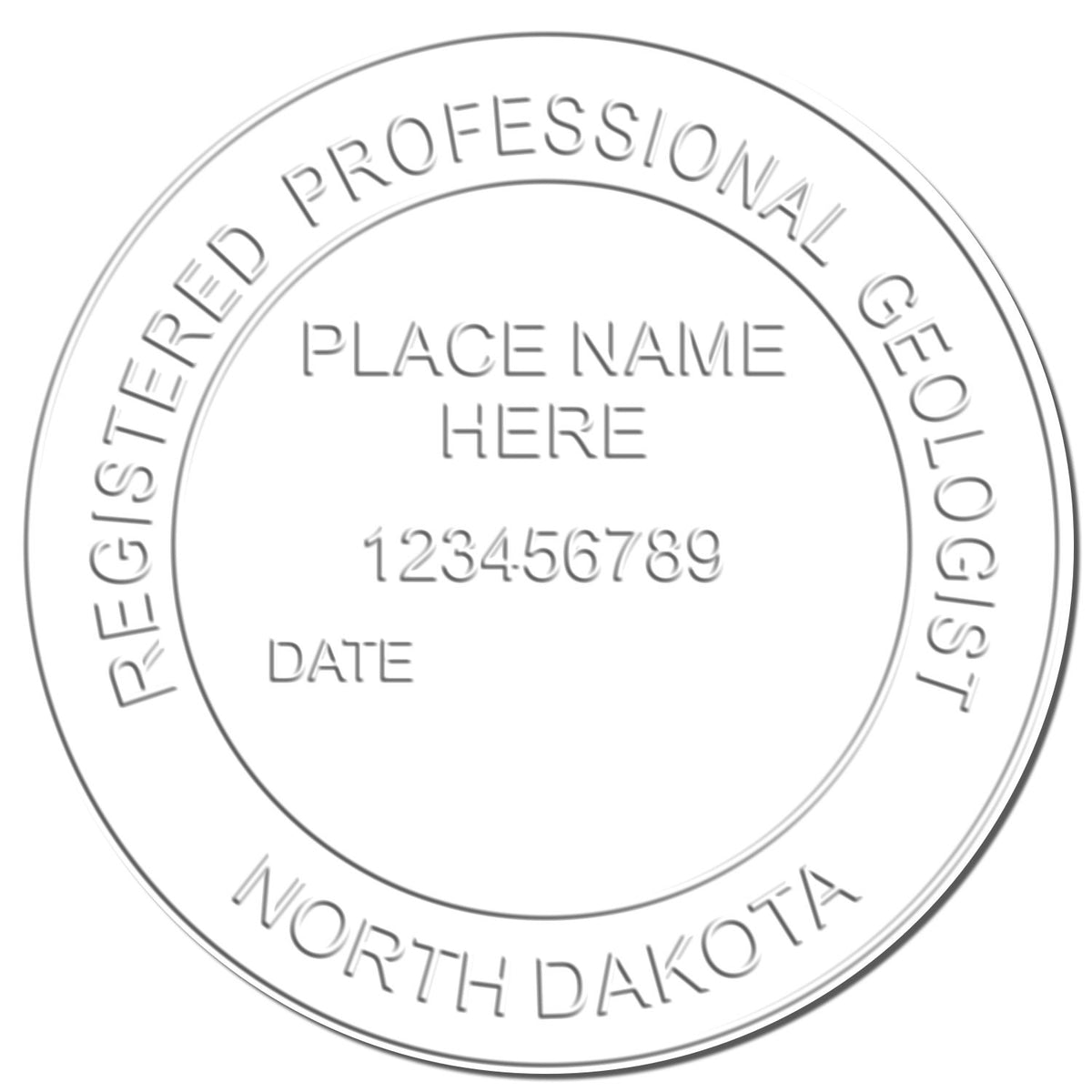 A photograph of the Hybrid North Dakota Geologist Seal stamp impression reveals a vivid, professional image of the on paper.