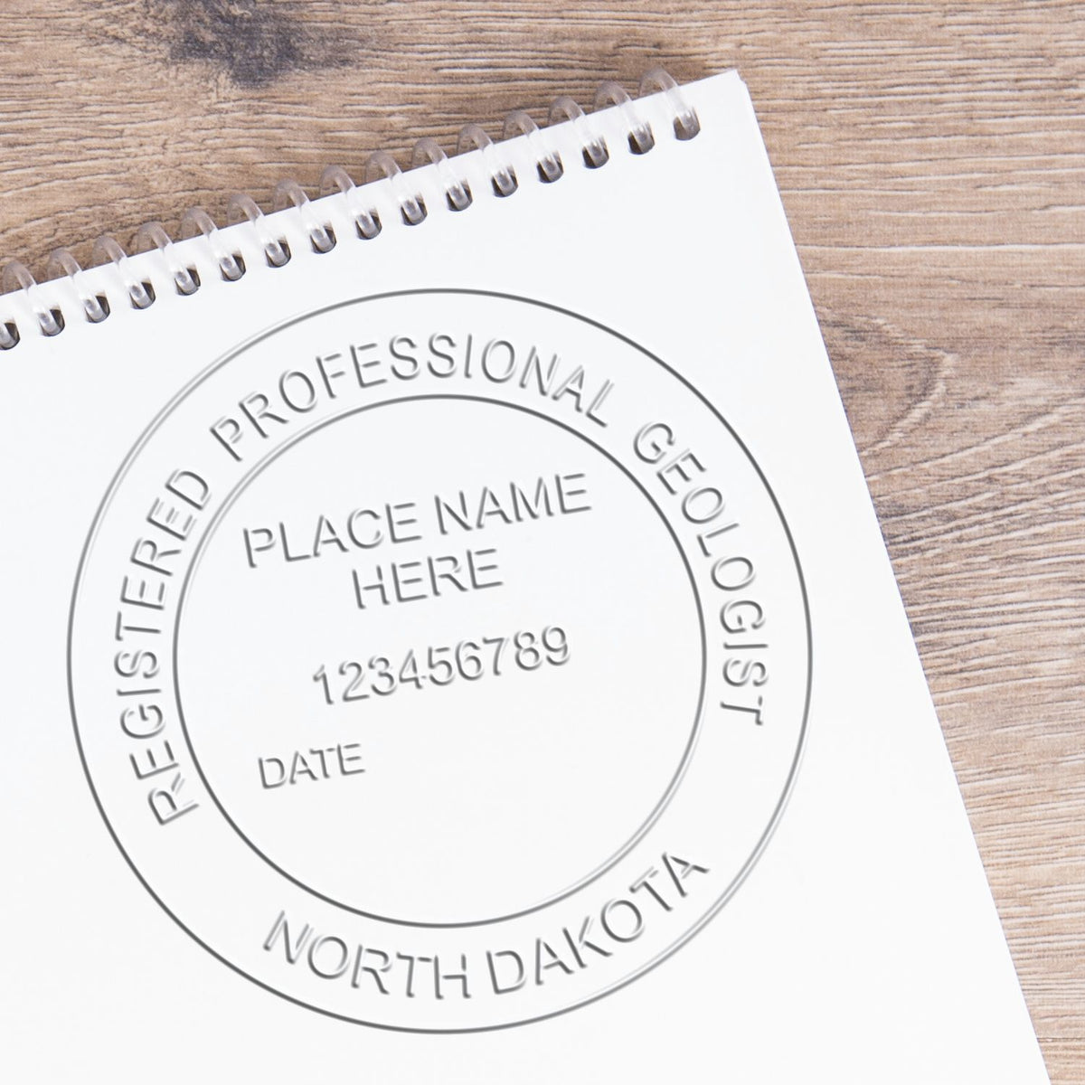 A photograph of the Soft North Dakota Professional Geologist Seal stamp impression reveals a vivid, professional image of the on paper.