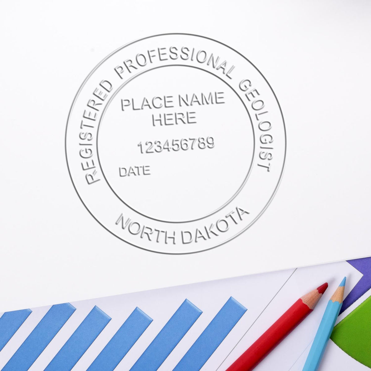An alternative view of the Soft North Dakota Professional Geologist Seal stamped on a sheet of paper showing the image in use