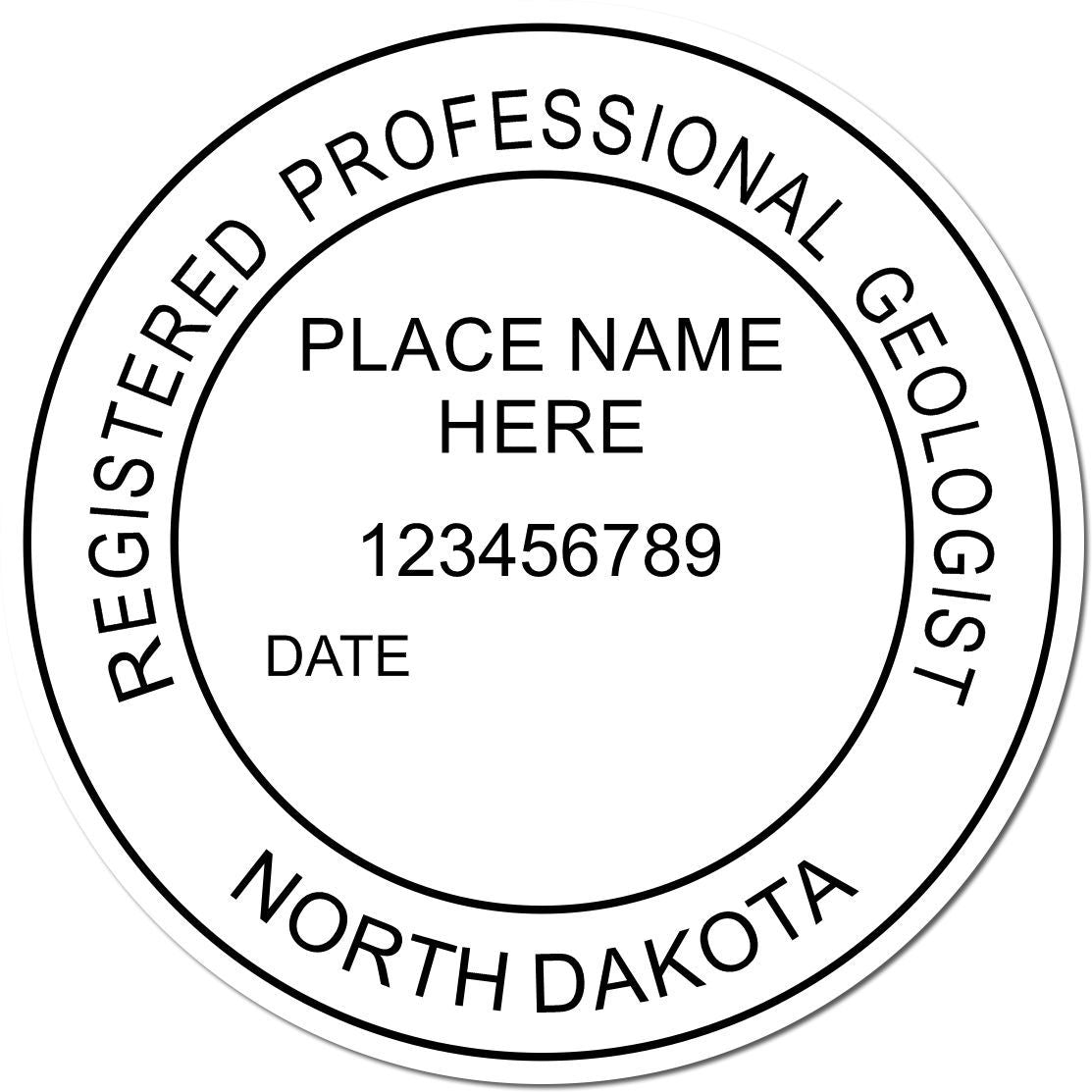 This paper is stamped with a sample imprint of the Slim Pre-Inked North Dakota Professional Geologist Seal Stamp, signifying its quality and reliability.