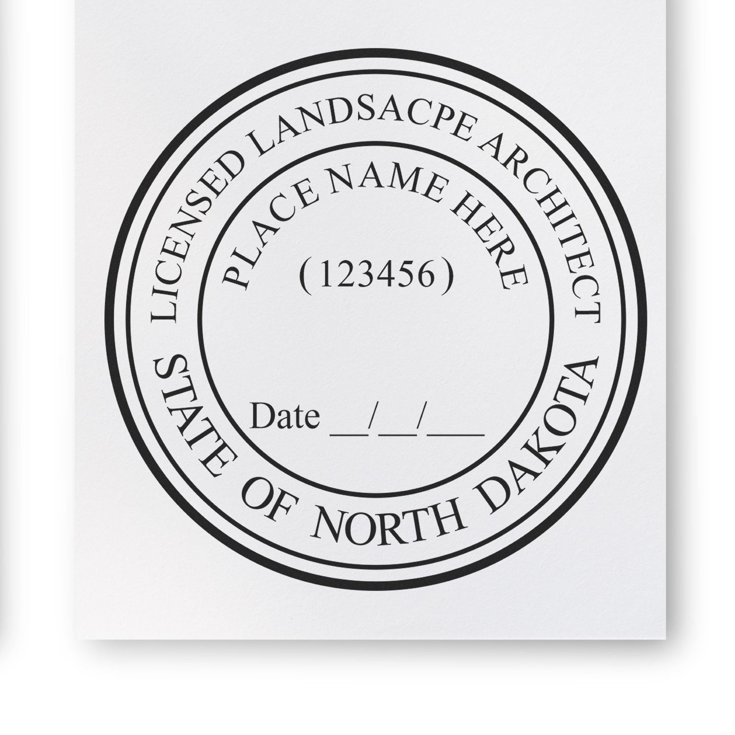 The main image for the Digital North Dakota Landscape Architect Stamp depicting a sample of the imprint and electronic files