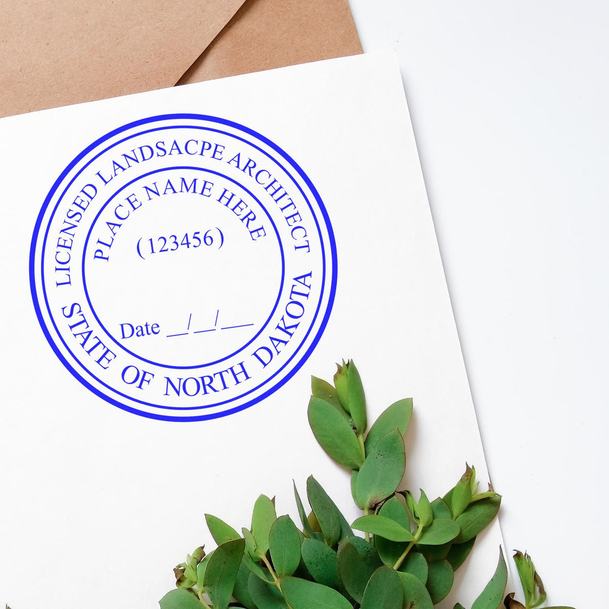 The Digital North Dakota Landscape Architect Stamp stamp impression comes to life with a crisp, detailed photo on paper - showcasing true professional quality.