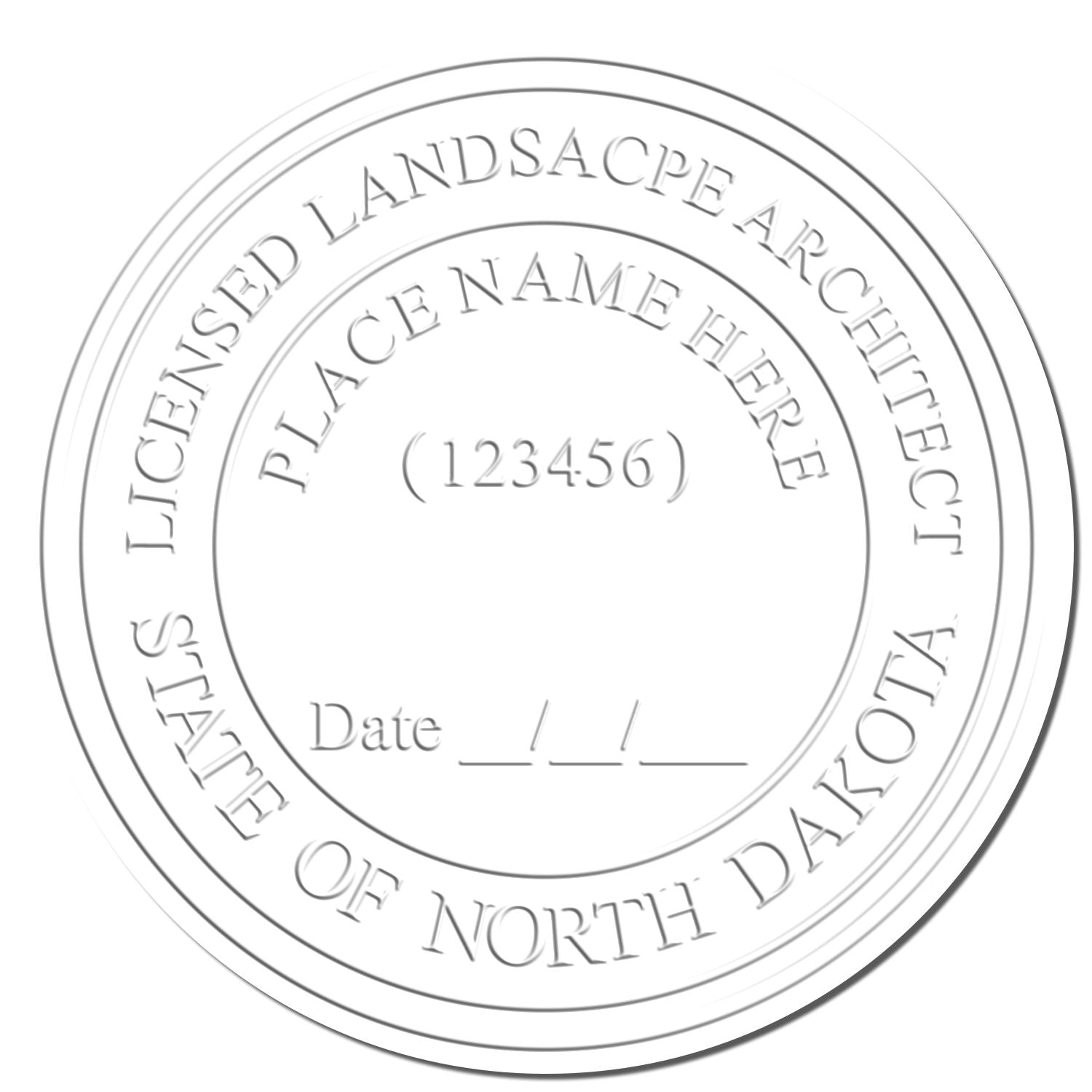 This paper is stamped with a sample imprint of the Gift North Dakota Landscape Architect Seal, signifying its quality and reliability.