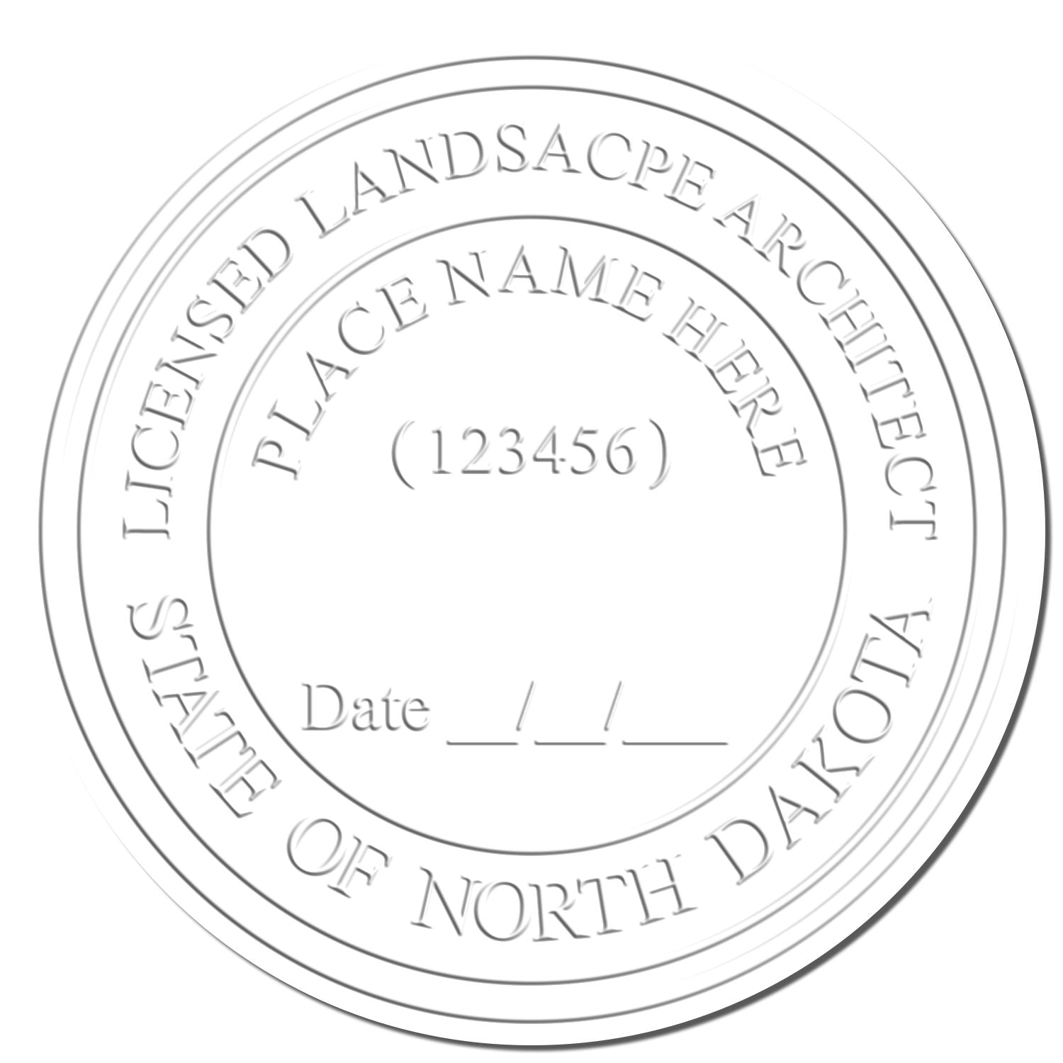 This paper is stamped with a sample imprint of the Heavy Duty North Dakota Landscape Architect Cast Iron Embosser, signifying its quality and reliability.