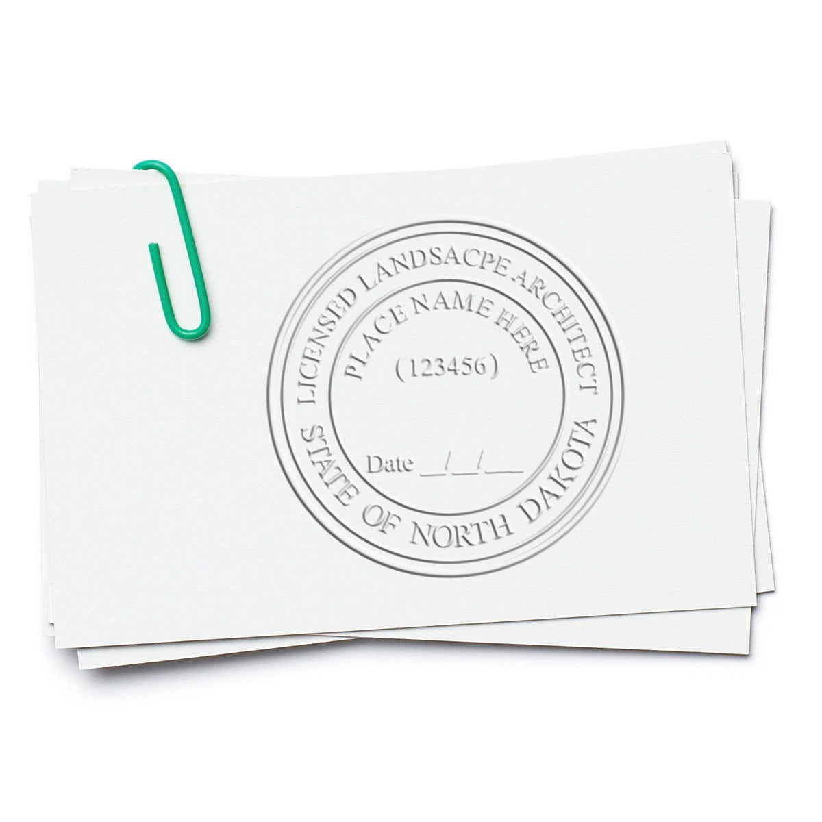 An alternative view of the Gift North Dakota Landscape Architect Seal stamped on a sheet of paper showing the image in use