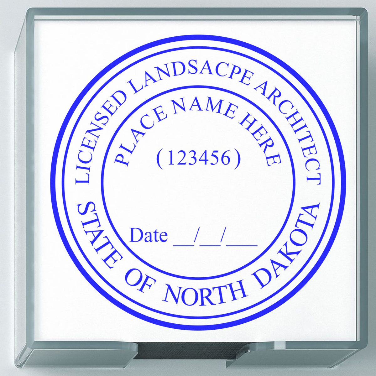 The Slim Pre-Inked North Dakota Landscape Architect Seal Stamp stamp impression comes to life with a crisp, detailed photo on paper - showcasing true professional quality.