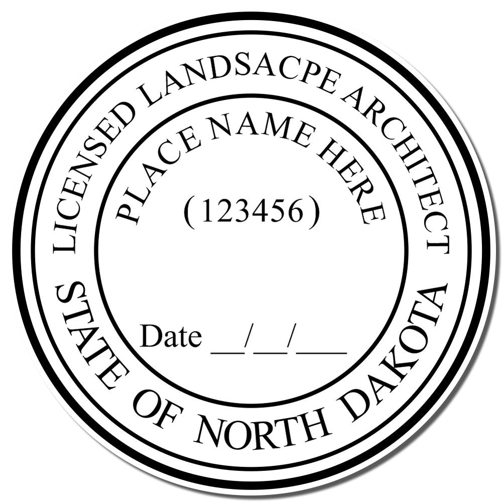 A lifestyle photo showing a stamped image of the Slim Pre-Inked North Dakota Landscape Architect Seal Stamp on a piece of paper