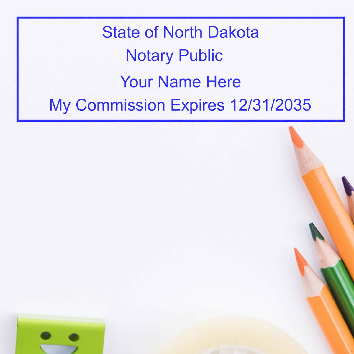 This paper is stamped with a sample imprint of the Slim Pre-Inked Rectangular Notary Stamp for North Dakota, signifying its quality and reliability.
