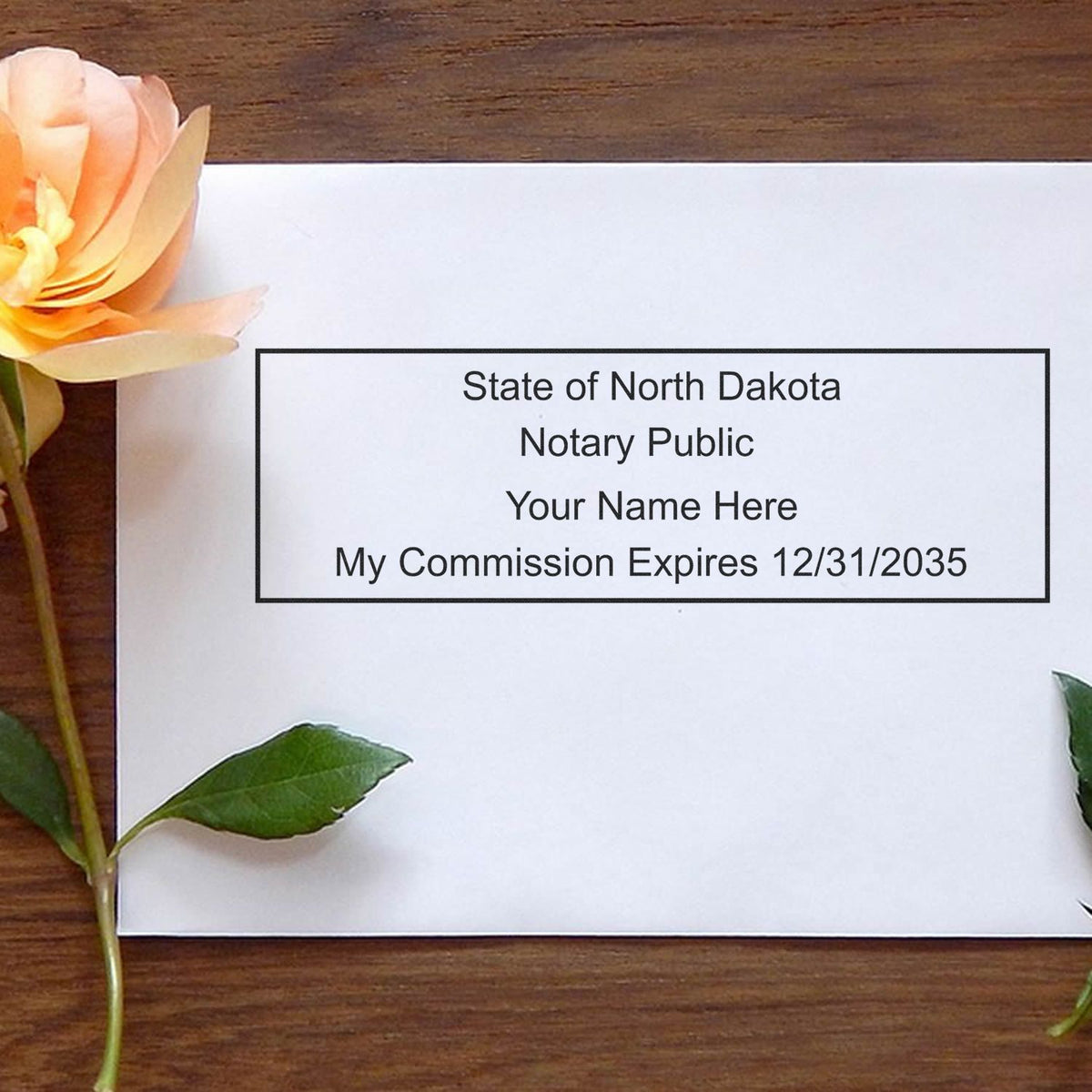 A lifestyle photo showing a stamped image of the Heavy-Duty North Dakota Rectangular Notary Stamp on a piece of paper