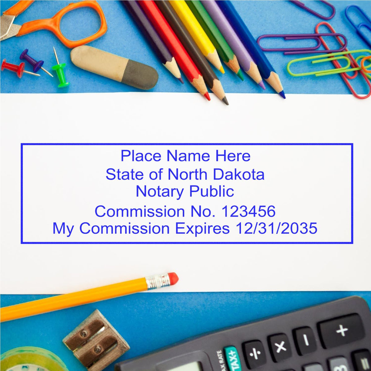This paper is stamped with a sample imprint of the Wooden Handle North Dakota Rectangular Notary Public Stamp, signifying its quality and reliability.