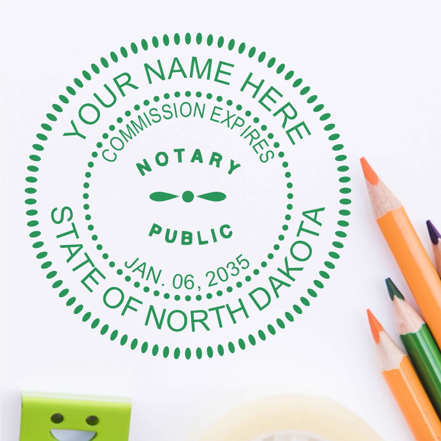 A photograph of the Round North Dakota Notary Public Seal Stamp stamp impression reveals a vivid, professional image of the on paper.