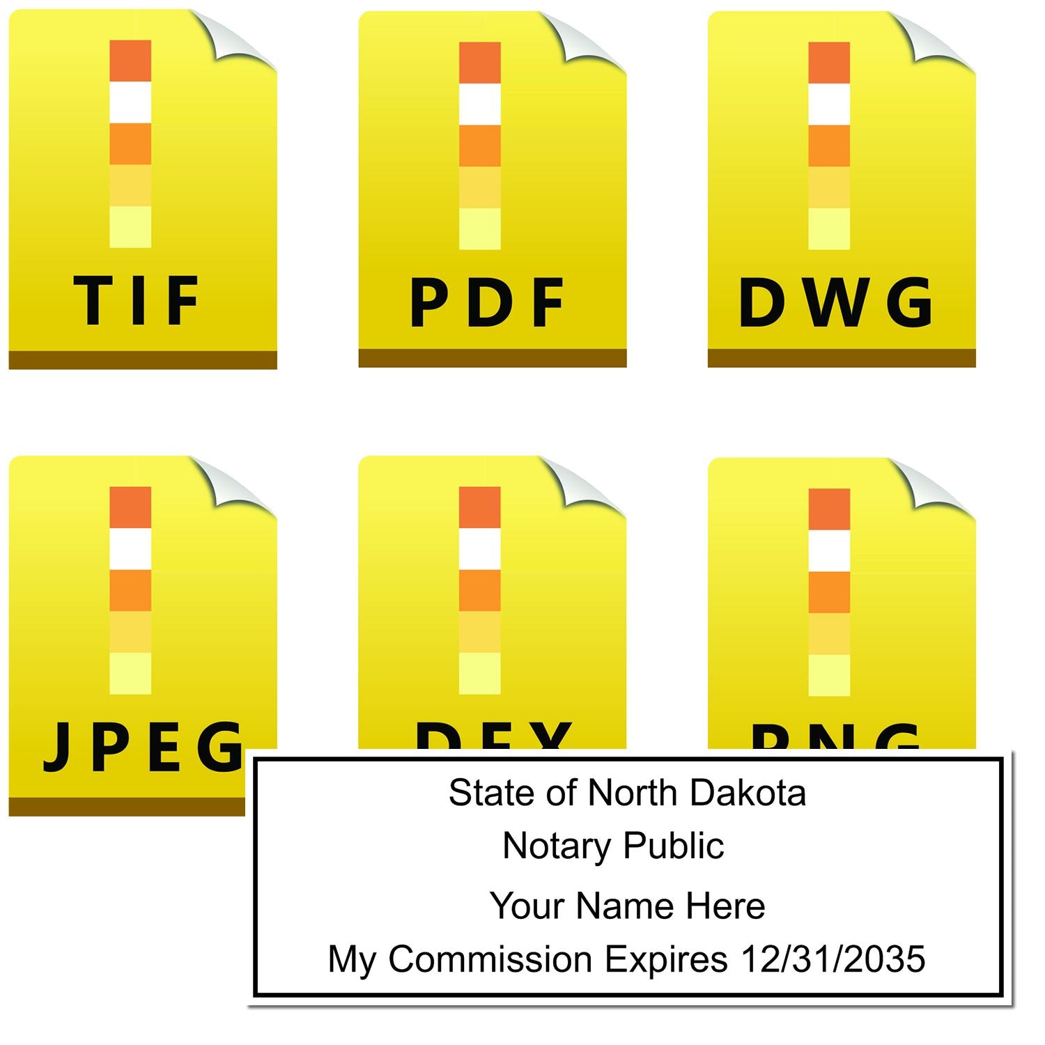 The main image for the North Dakota Rectangular Digital Notary Seal depicting a sample of the imprint and electronic files