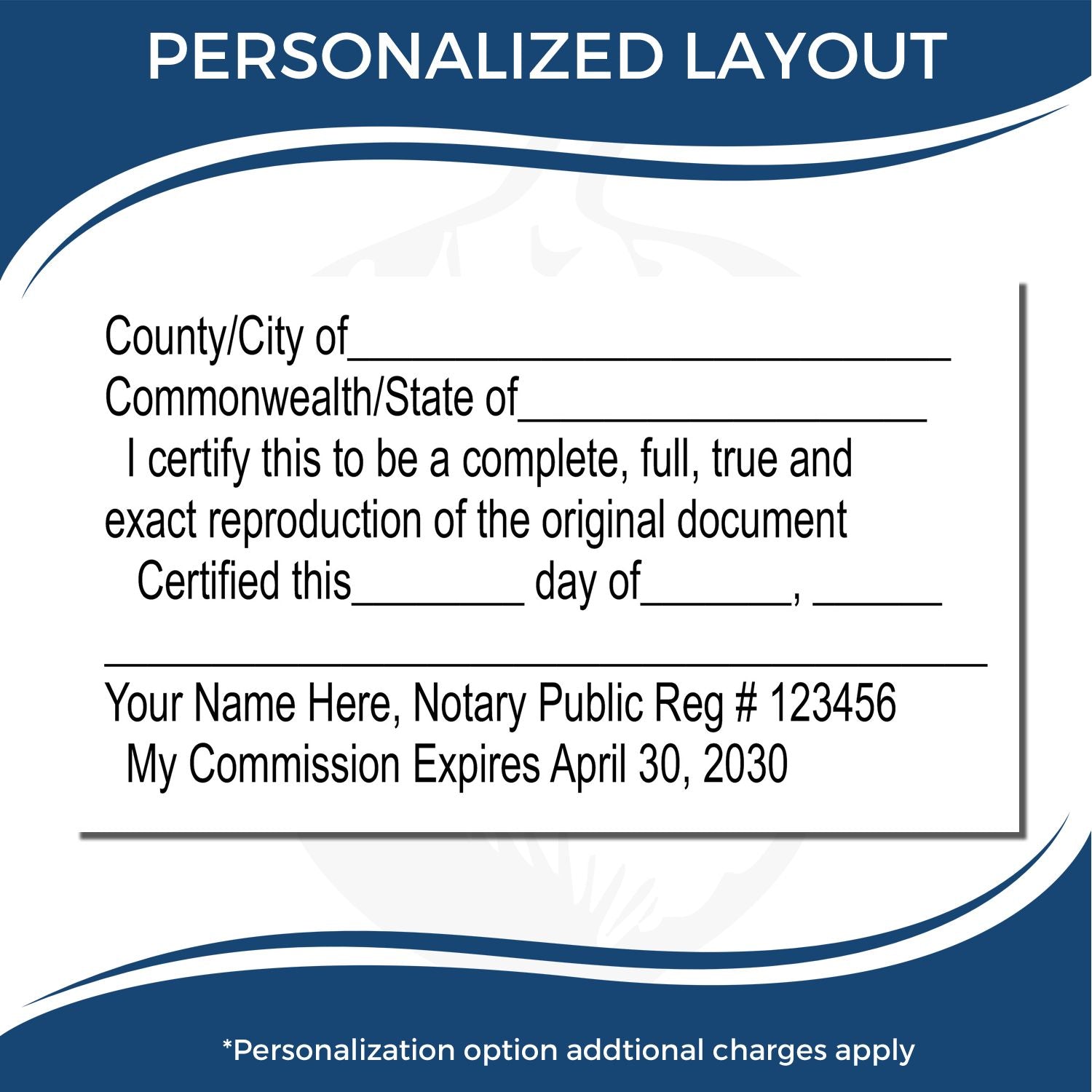 Image of a Regular Notary Certified Copy Stamp with customizable fields for location, date, notary name, registration number, and commission expiration.