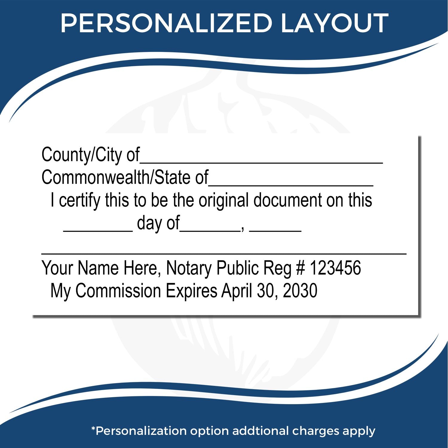 Image of a Regular Notary Original Document Stamp with customizable fields for county, state, date, notary name, registration number, and commission expiration.