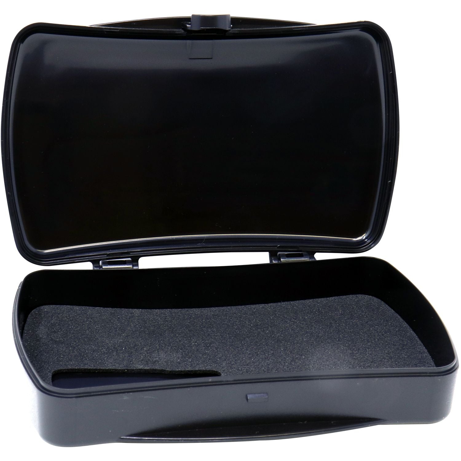 Open black Notary Seal Storage Box with a foam-lined interior, designed to securely store and protect notary seals.