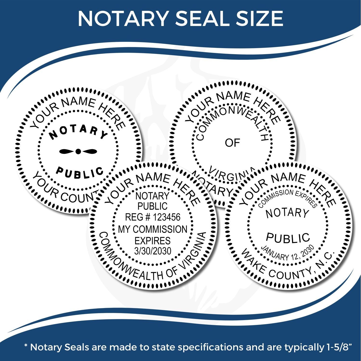 Image showing four sample notary seals with customizable text, demonstrating the size and design options for the Handheld Notary Seal Embosser.