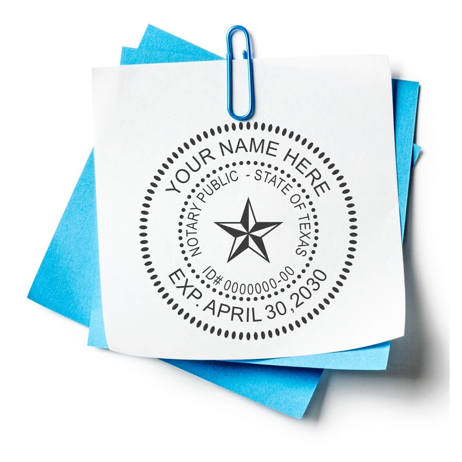 Regular Rubber Stamp of Notary Public Seal on a white paper clipped to blue papers, showing a notary seal with customizable text and expiration date.