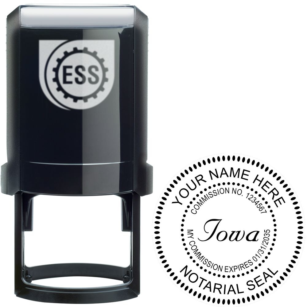 The main image for the Official Self-Inking Iowa Notary Stamp depicting a sample of the imprint and electronic files