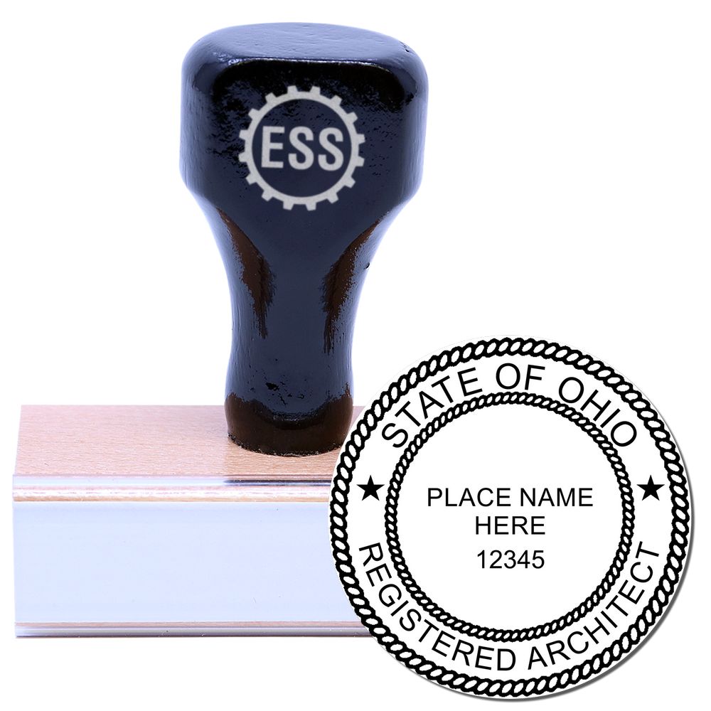 Ohio Architect Seal Stamp with wooden handle and rubber base, displaying State of Ohio Registered Architect with space for name and number.