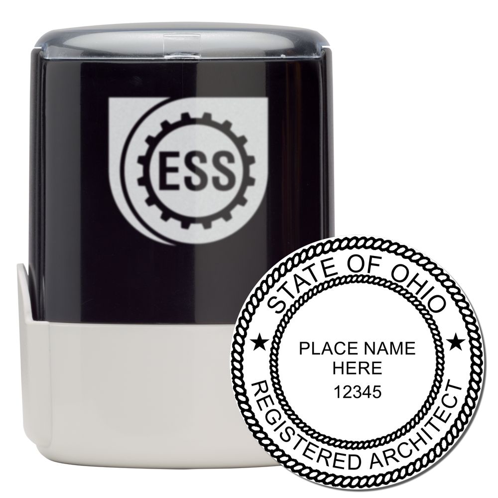 Self Inking Ohio Architect Stamp with a black and white design, featuring the ESS logo and a customizable area for name and registration number.