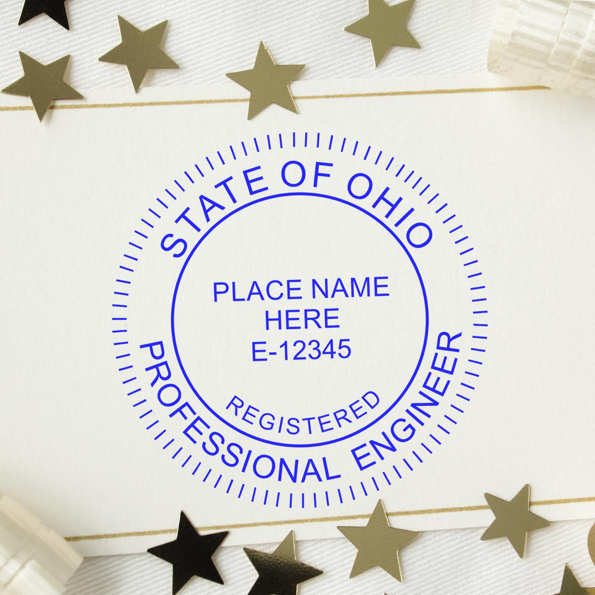 A lifestyle photo showing a stamped image of the Premium MaxLight Pre-Inked Ohio Engineering Stamp on a piece of paper