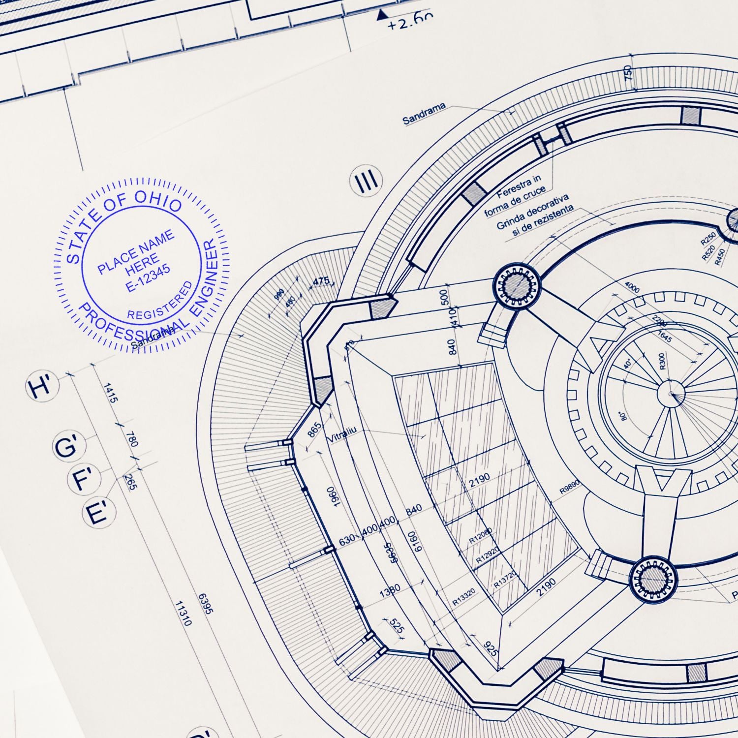 Another Example of a stamped impression of the Digital Ohio PE Stamp and Electronic Seal for Ohio Engineer on a piece of office paper.