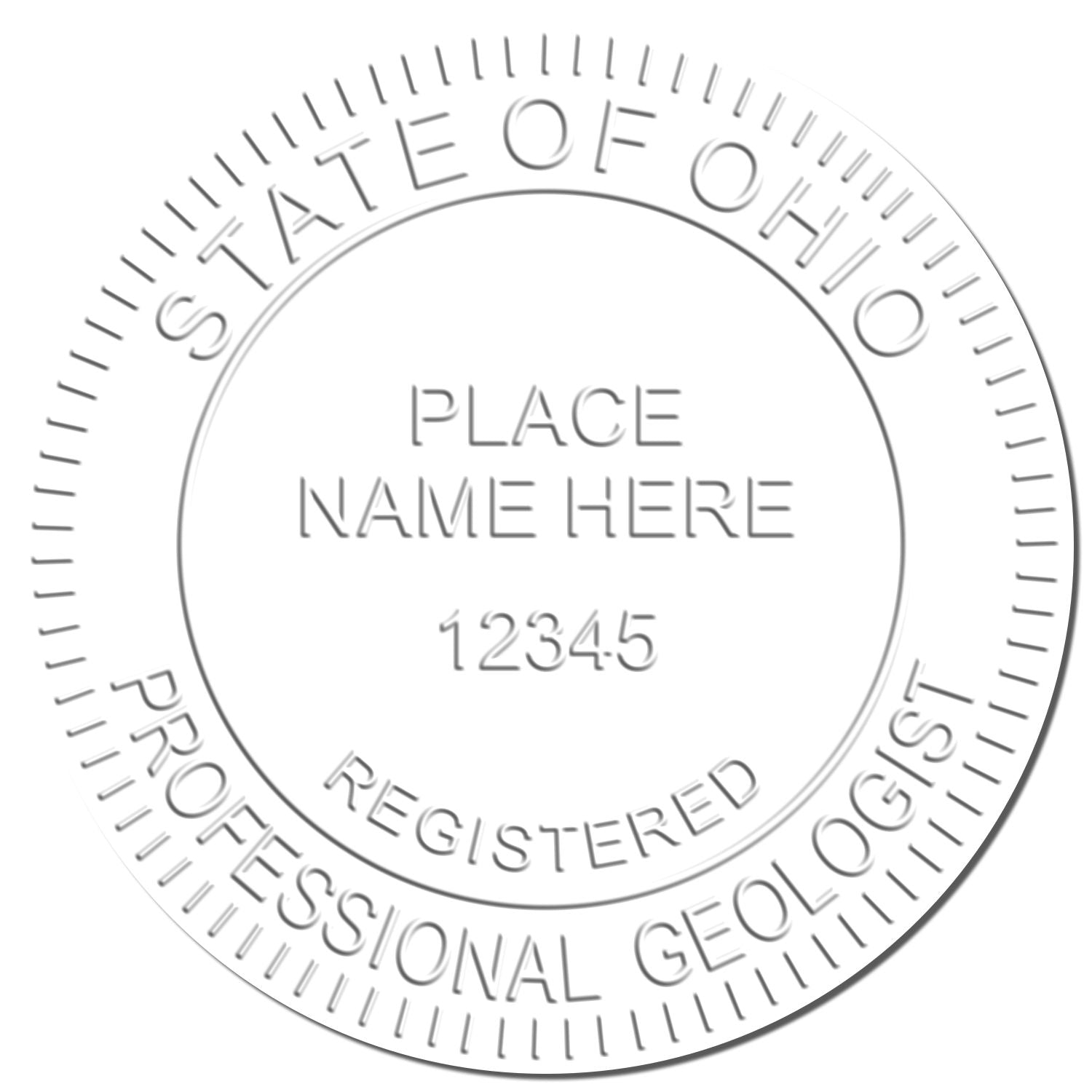 A photograph of the State of Ohio Extended Long Reach Geologist Seal stamp impression reveals a vivid, professional image of the on paper.