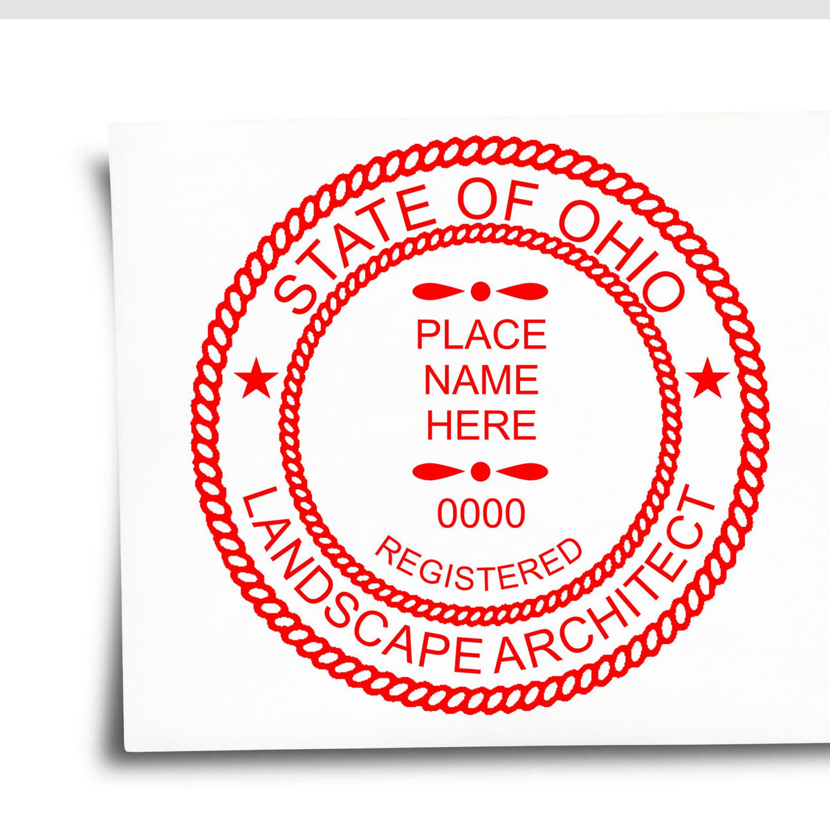 An alternative view of the Premium MaxLight Pre-Inked Ohio Landscape Architectural Stamp stamped on a sheet of paper showing the image in use