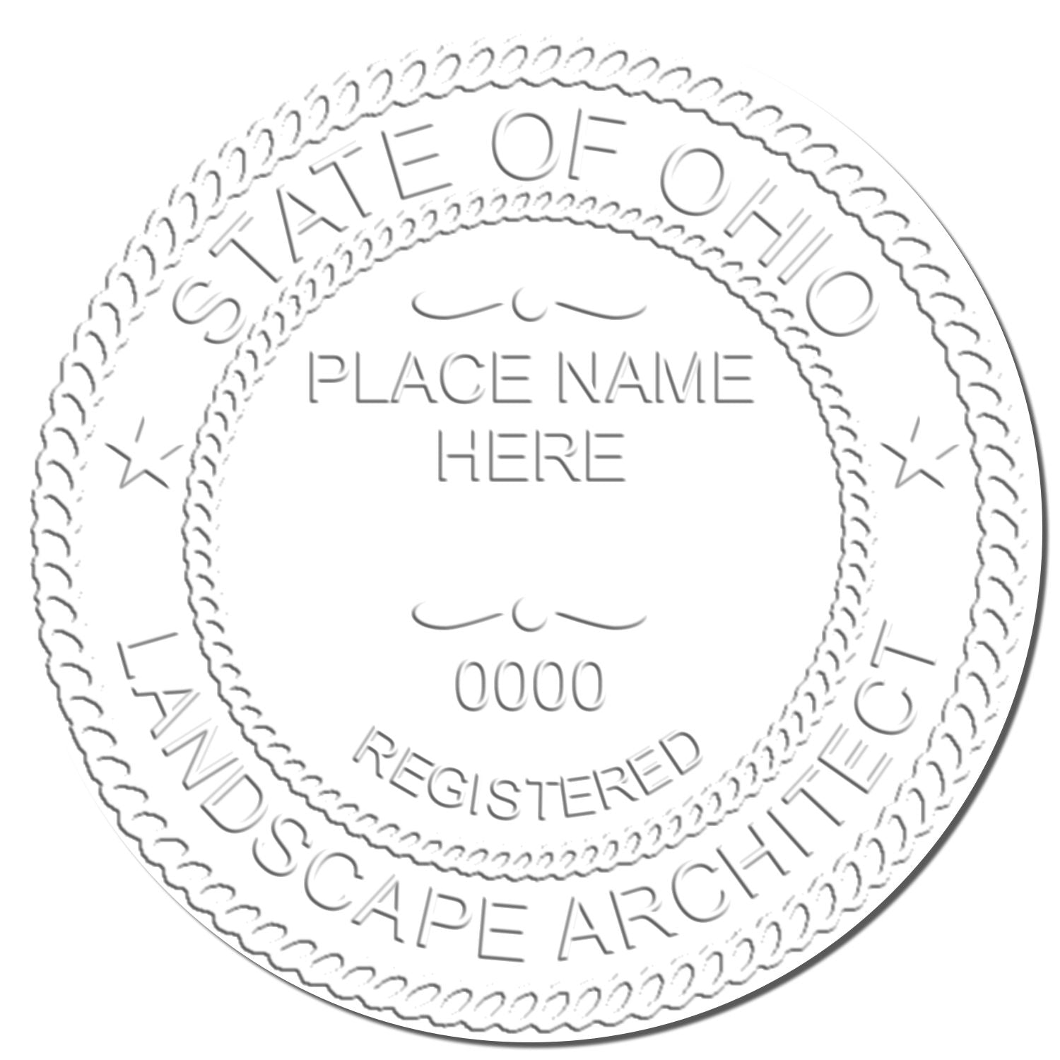 This paper is stamped with a sample imprint of the State of Ohio Handheld Landscape Architect Seal, signifying its quality and reliability.