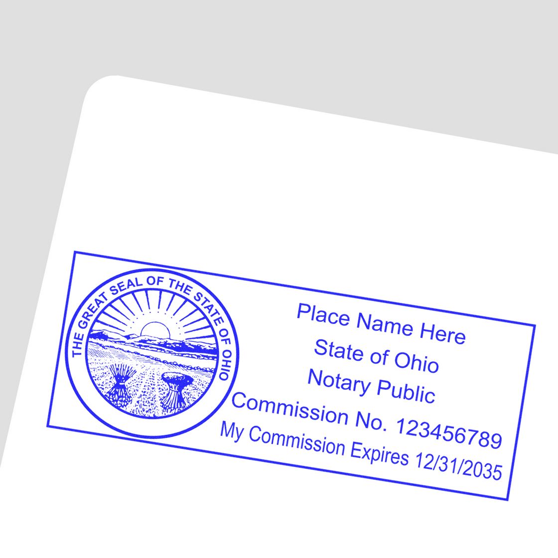 Slim Pre-Inked State Seal Notary Stamp for Ohio in use photo showing a stamped imprint of the Slim Pre-Inked State Seal Notary Stamp for Ohio