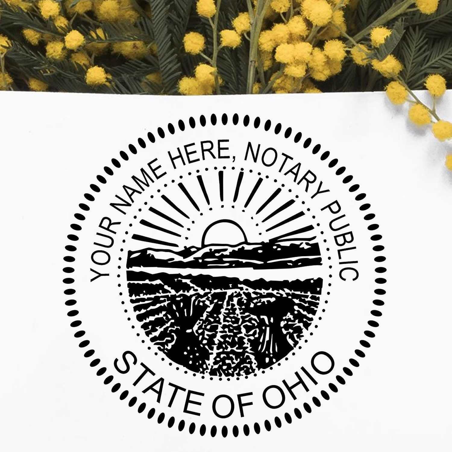 A lifestyle photo showing a stamped image of the Round Ohio Notary Public Seal Stamp on a piece of paper