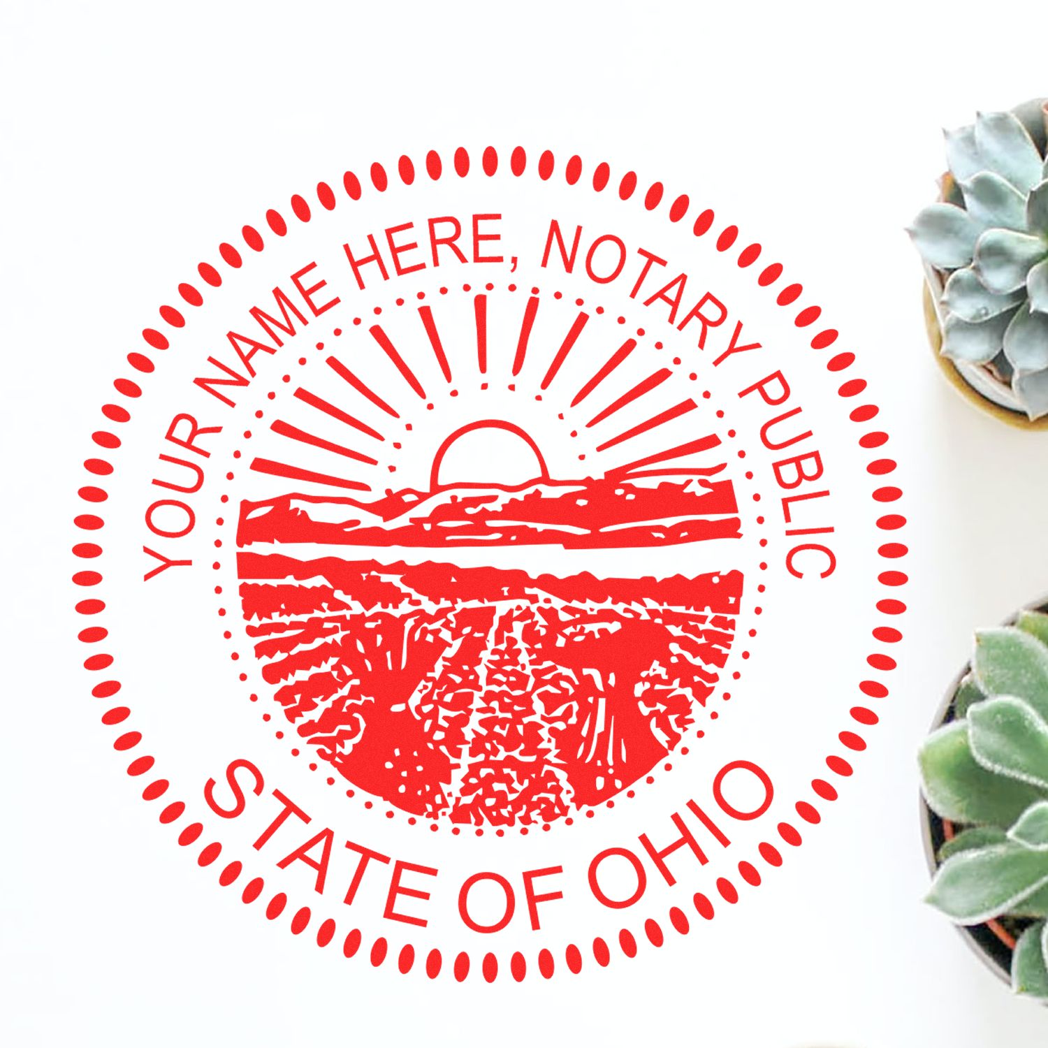 A stamped impression of the Slim Pre-Inked Round Notary Stamp for Ohio in this stylish lifestyle photo, setting the tone for a unique and personalized product.