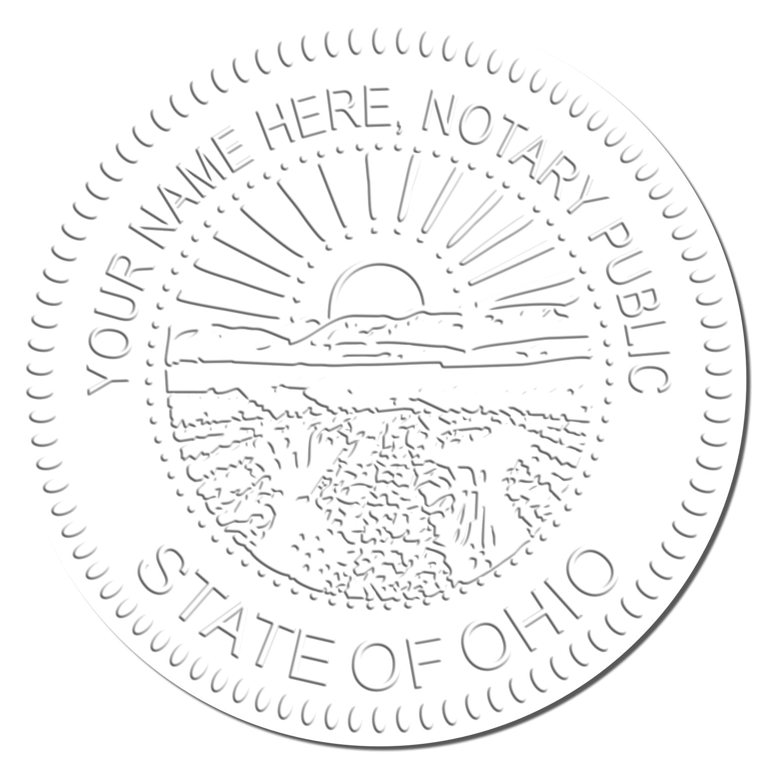 This paper is stamped with a sample imprint of the Ohio Handheld Notary Seal Embosser, signifying its quality and reliability.