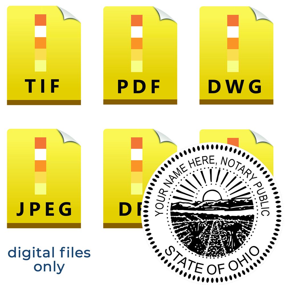 The main image for the Ohio Round Electronic Notary Stamp depicting a sample of the imprint and electronic files