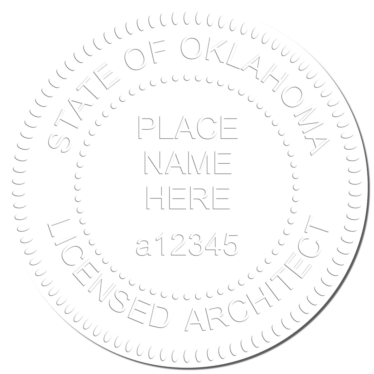 A photograph of the Extended Long Reach Oklahoma Architect Seal Embosser stamp impression reveals a vivid, professional image of the on paper.