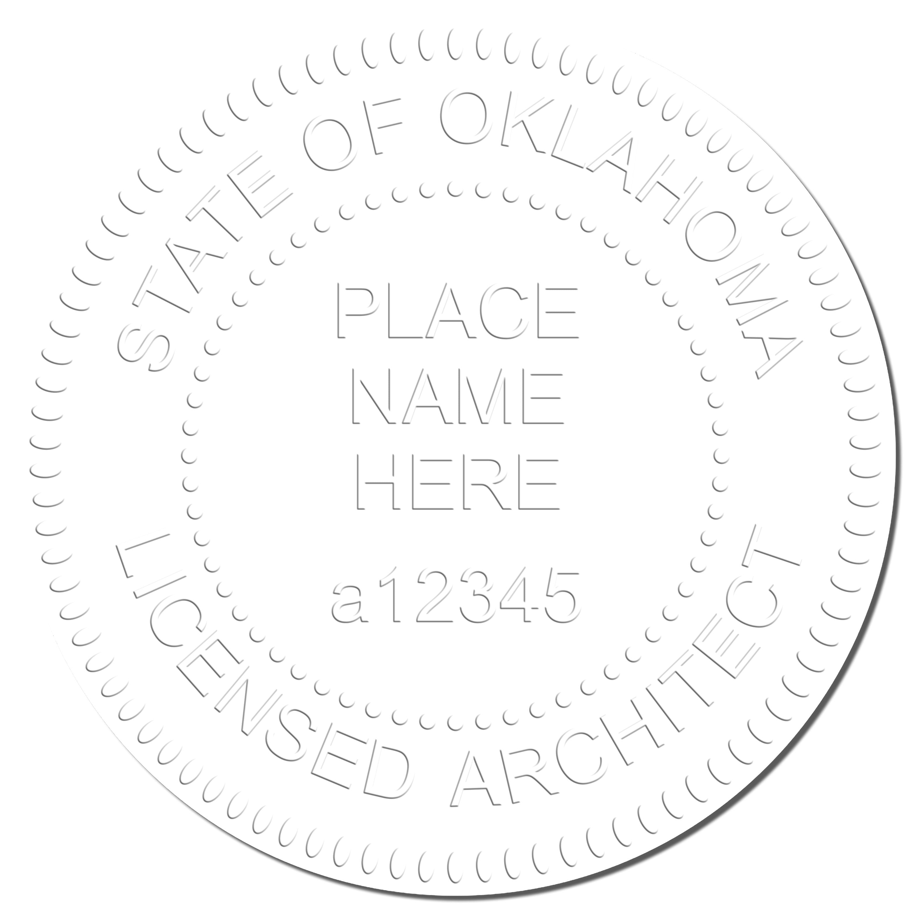 This paper is stamped with a sample imprint of the Heavy Duty Cast Iron Oklahoma Architect Embosser, signifying its quality and reliability.