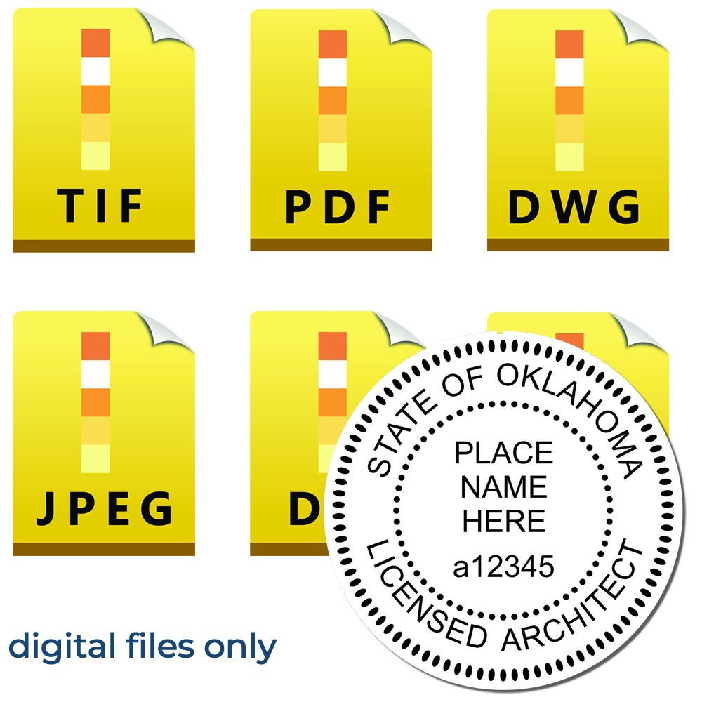 Digital Oklahoma Architect Stamp, Electronic Seal for Oklahoma Architect, available in TIF, PDF, DWG, JPEG formats. Digital files only.