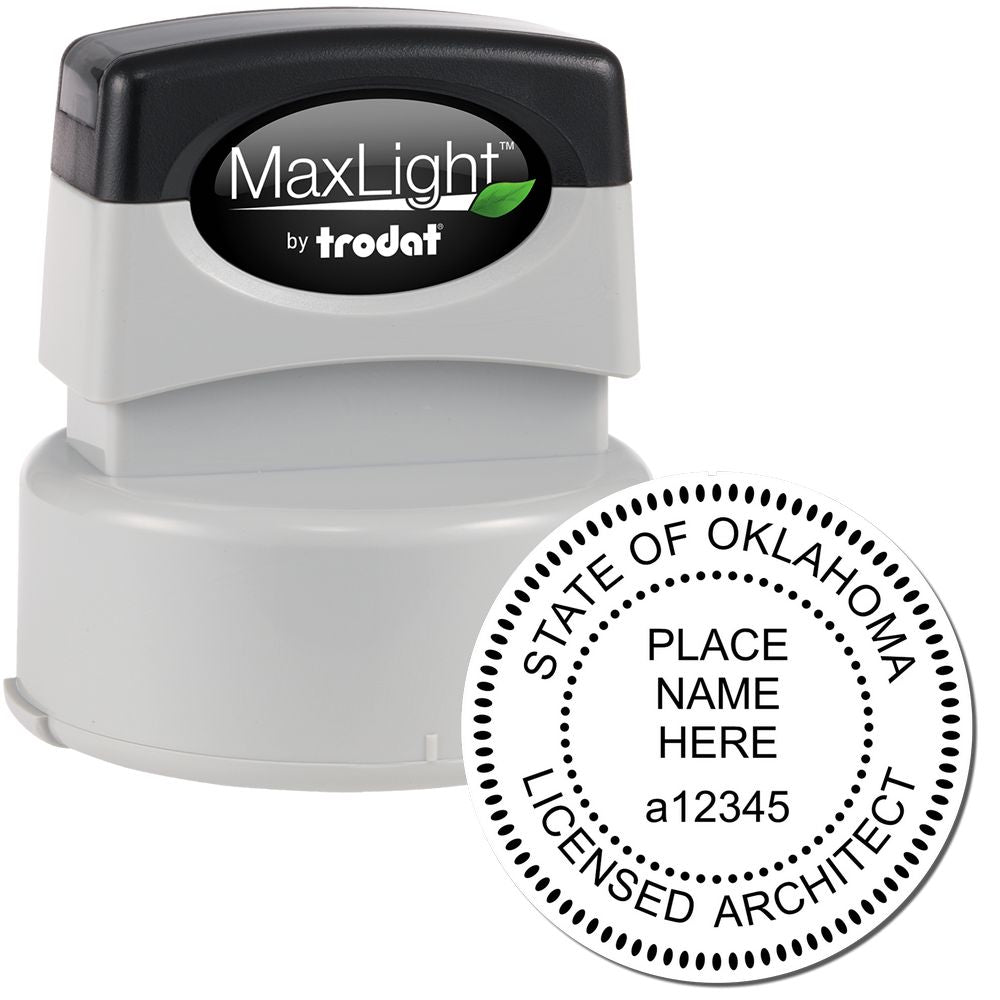 Premium MaxLight Pre-Inked Oklahoma Architectural Stamp with a black and gray design, featuring customizable text for licensed architects.