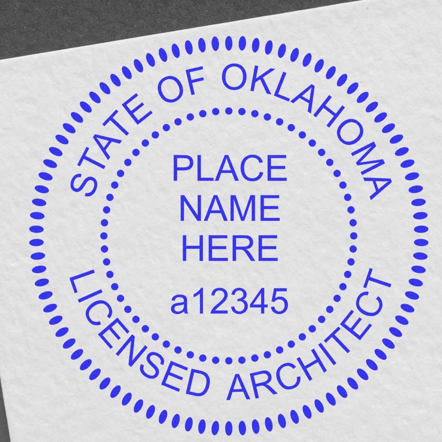 Digital Oklahoma Architect Stamp, Electronic Seal for Oklahoma Architect, blue circular design with customizable name and license number.