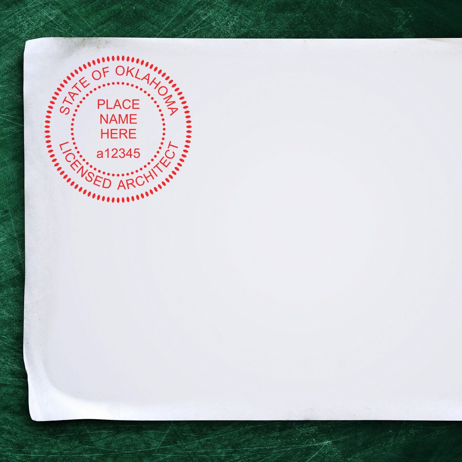 Digital Oklahoma Architect Stamp, Electronic Seal for Oklahoma Architect, red ink on white paper, placed on a green surface.