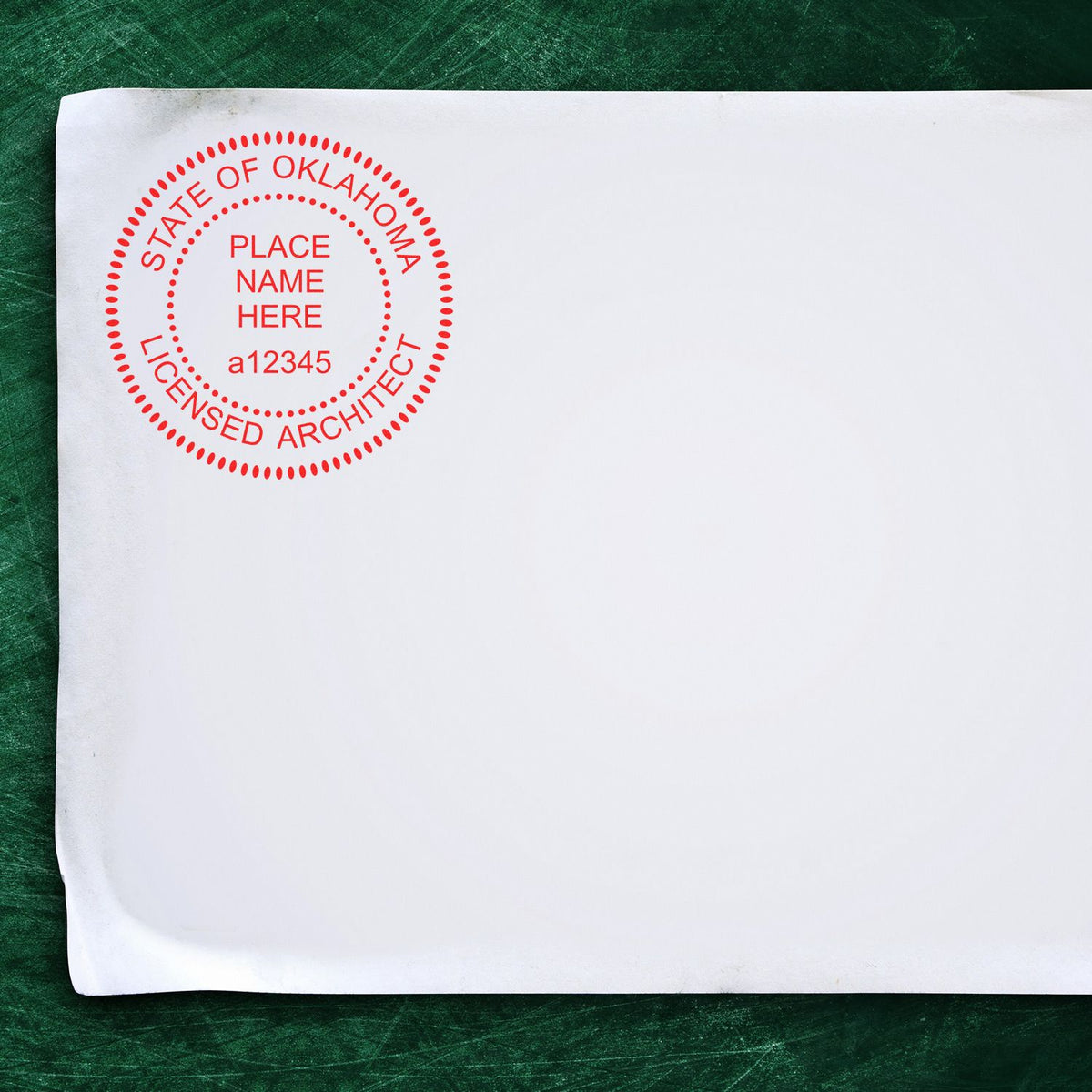 The Slim Pre-Inked Oklahoma Architect Seal Stamp stamp impression comes to life with a crisp, detailed photo on paper - showcasing true professional quality.