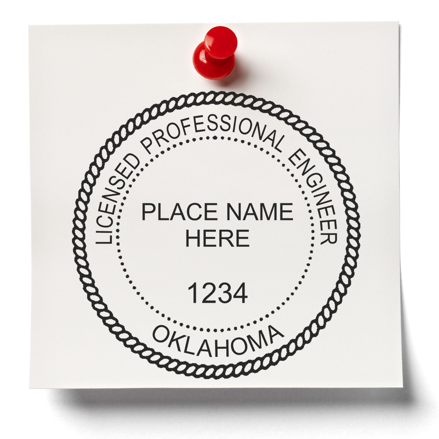 A stamped impression of the Self-Inking Oklahoma PE Stamp in this stylish lifestyle photo, setting the tone for a unique and personalized product.