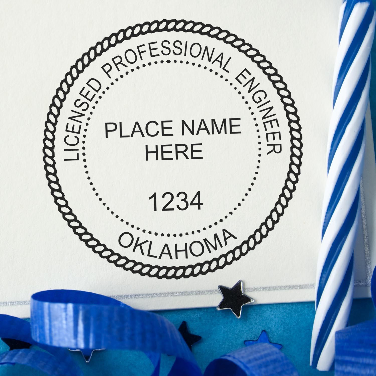 A lifestyle photo showing a stamped image of the Oklahoma Professional Engineer Seal Stamp on a piece of paper