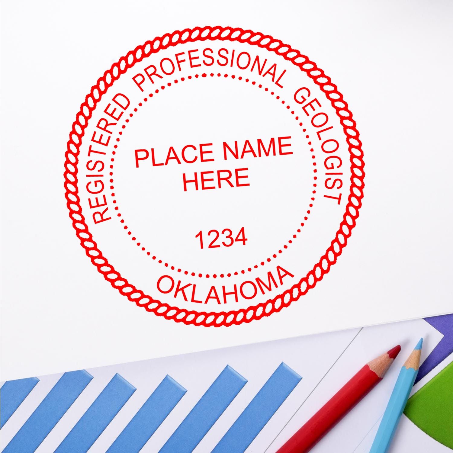 A lifestyle photo showing a stamped image of the Oklahoma Professional Geologist Seal Stamp on a piece of paper