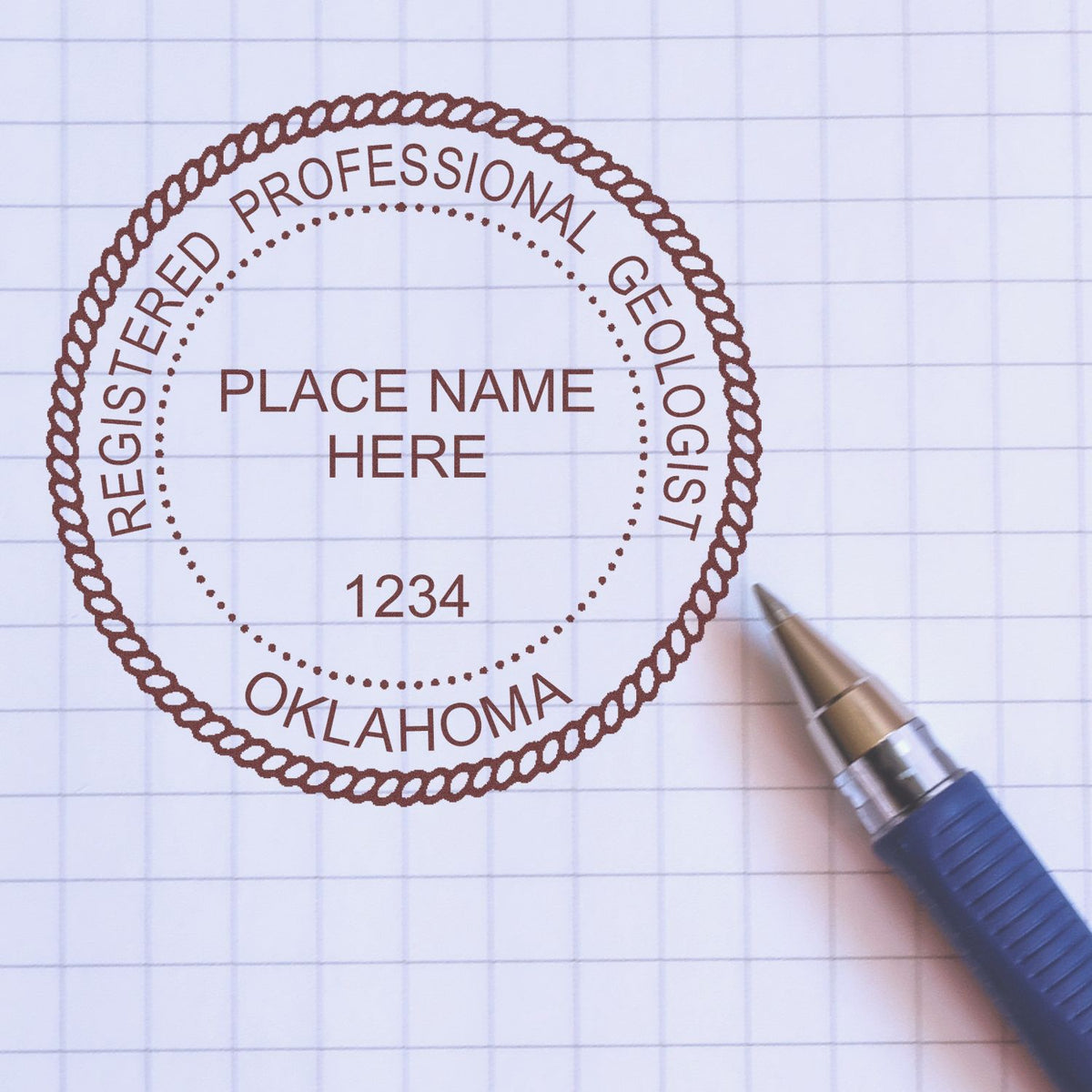 The Self-Inking Oklahoma Geologist Stamp stamp impression comes to life with a crisp, detailed image stamped on paper - showcasing true professional quality.