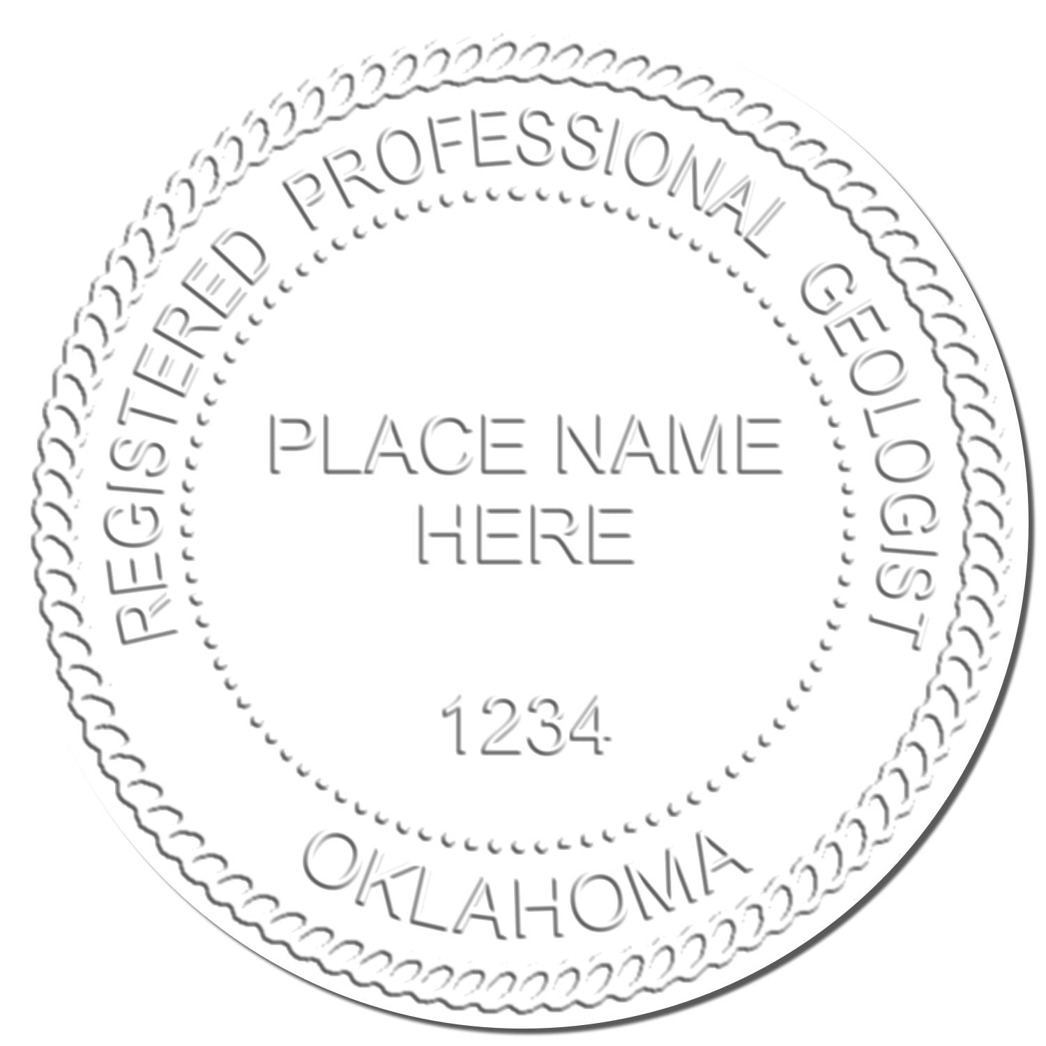 A photograph of the State of Oklahoma Extended Long Reach Geologist Seal stamp impression reveals a vivid, professional image of the on paper.