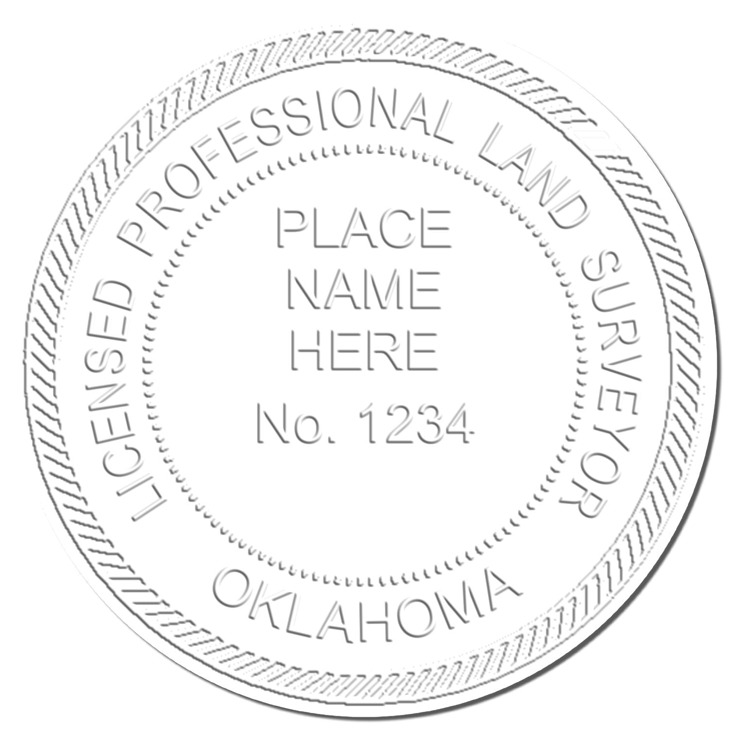 This paper is stamped with a sample imprint of the Extended Long Reach Oklahoma Surveyor Embosser, signifying its quality and reliability.