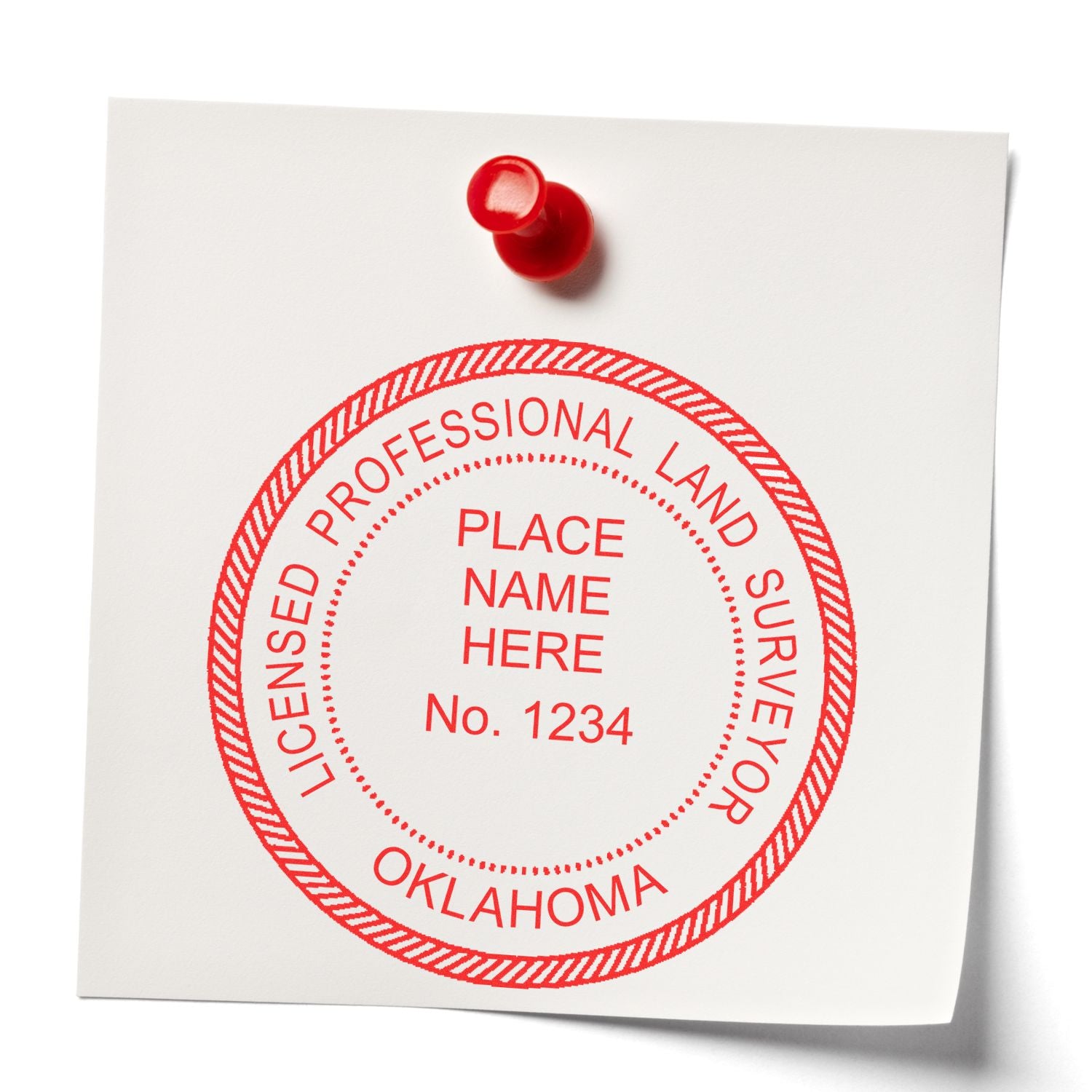 Digital Oklahoma Land Surveyor Stamp, Electronic Seal for Oklahoma Land Surveyor, red stamp on white paper pinned with a red pushpin.