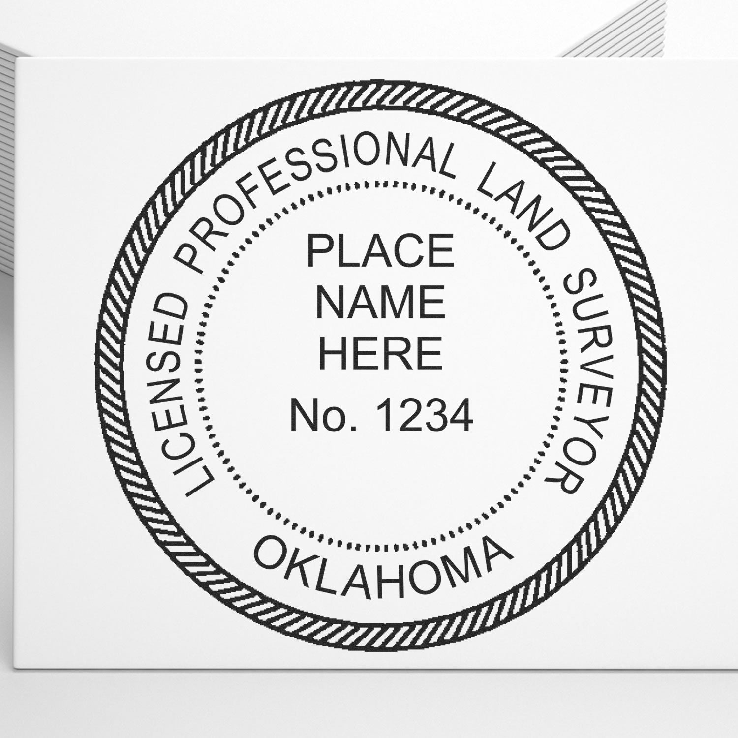 Self Inking Oklahoma Land Surveyor Stamp with customizable text, displaying Licensed Professional Land Surveyor Oklahoma in a circular design.