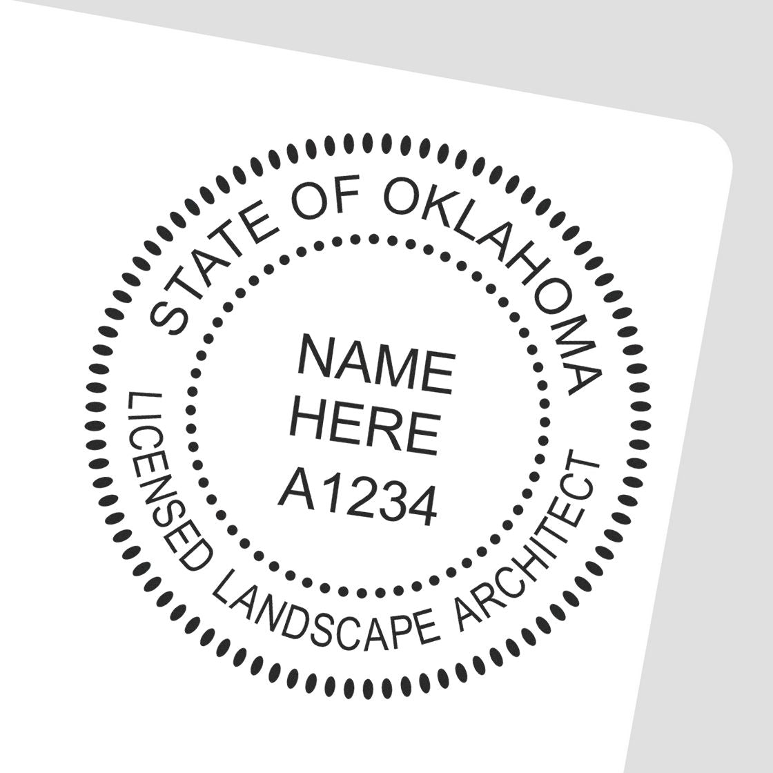 The main image for the Digital Oklahoma Landscape Architect Stamp depicting a sample of the imprint and electronic files